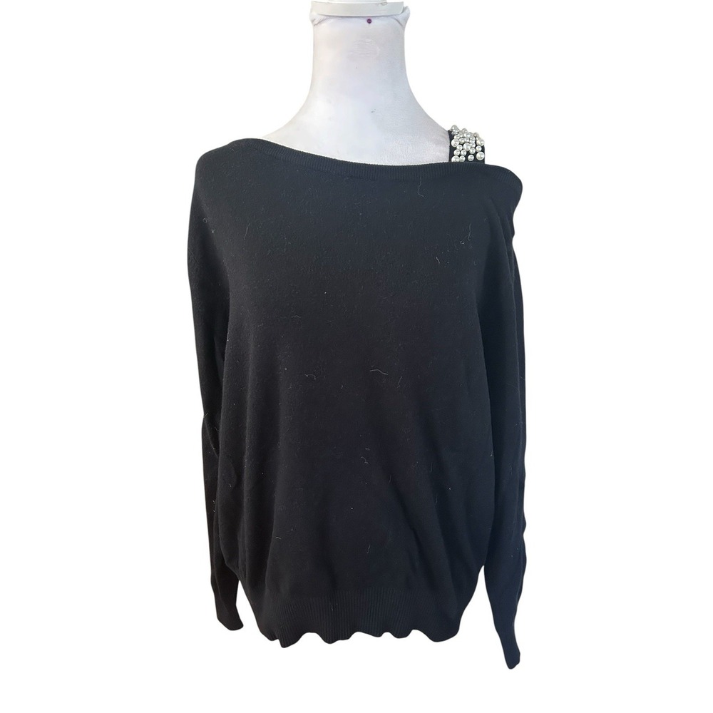 Liv Milano Faux-Pearl Shoulder Strap Pullover BlackSweater Womans SZ L